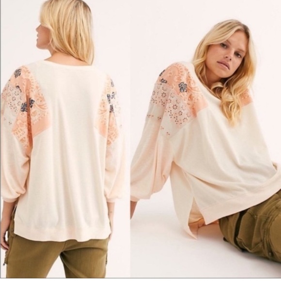Free People Camiseta Feelin It Boho Patchwork Top in Alabaster Combo W1096 Sz S - Picture 3 of 13